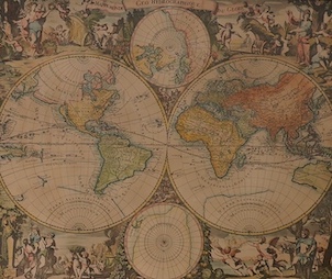 Two decorative maps comprising, after Matthew Seutter, double hemisphere world map and a similar example after G. Valk, 44 x 51cm. Condition - good